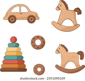 A collection of wooden toys features a car, rocking horse, stacking rings, and donut, evoking a playful and nostalgic atmosphere.