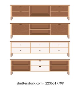 Collection of Wooden Tv Shelf in flat design vector style