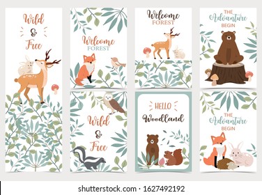 Collection of woodland background set with bear,deer,skunk,fox.Editable vector illustration for website, invitation,postcard and sticker.Wording include the adventure begin