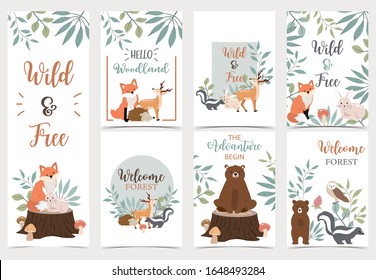 Collection of woodland background set with bear,deer,skunk,fox.Editable vector illustration for website, invitation,postcard and sticker.Wording include the adventure begin