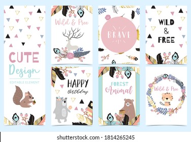 Collection of woodland cards set with reindeer,bear,flower,wreath,squirrel.Vector illustration for birthday invitation,postcard and sticker.Editable element