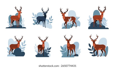 Collection of woodland deer against blue abstract organic shapes and foliage
