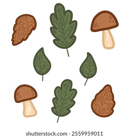 A collection of woodland elements, including leaves, mushrooms, and pinecones. Whimsical mix of green leaves, brown mushrooms, and textured pinecones. Vector illustration set in simple cartoon style