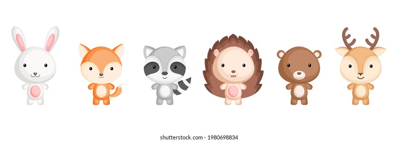 Collection of woodland little animals in cartoon style. Cute animals characters for kids cards, baby shower, birthday invitation, house interior. Bright colored childish vector illustration.