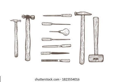 Collection of woodworking tools, craftsmanship and handwork - Hand drawn - Out line