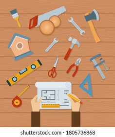 Collection of woodworking tools vector illustration in a flat design.