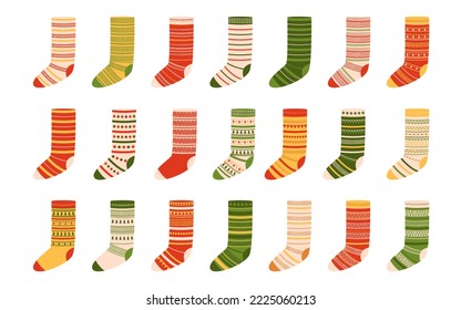 Collection of woolen christmas socks with different ornaments. Vector illustration isolated on white background