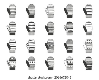 Collection of woolen mittens with different ornaments. Vector illustration isolated on white background