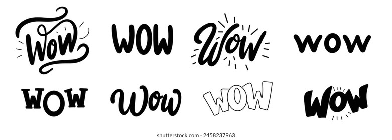 Collection of word WOW lettering. Hand drawn vector art.