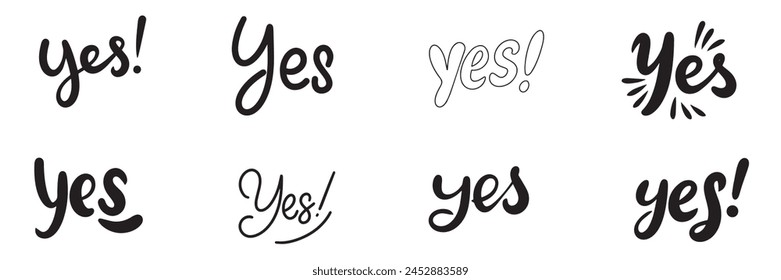 Kollektion des Wortes Ja. Text Ja-Symbolsatz. Handgezeichnete Vektorgrafik.