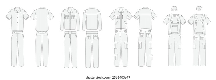 collection of work clothes, set worker uniform, vector illustration, flat technical drawing, mockup design