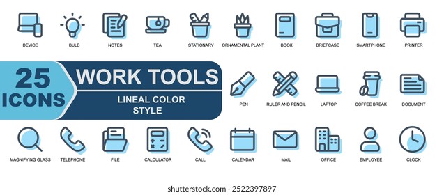 collection of work tool icons.lineal color style,contains printer,pen,writing,ruler and pencil,laptop,coffee break,coffee cup,document,paper,magnifying glass.and many more.