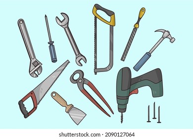 Colección de herramientas de trabajo para carpintería y carpintería. Conjunto de instrumentos o equipos de construcción y reparación para mampostería. Kit de renovación de viviendas. Kit de herramientas eléctricas y manuales. Ilustración vectorial plana. 