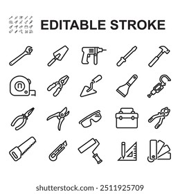 Collection of work tools icons. Thin line style vector. Contains icons such as pliers, hammer, drill and more.