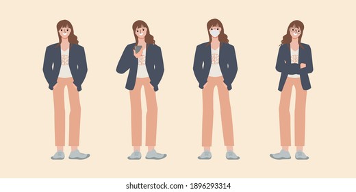 Collection of working business woman character pose.