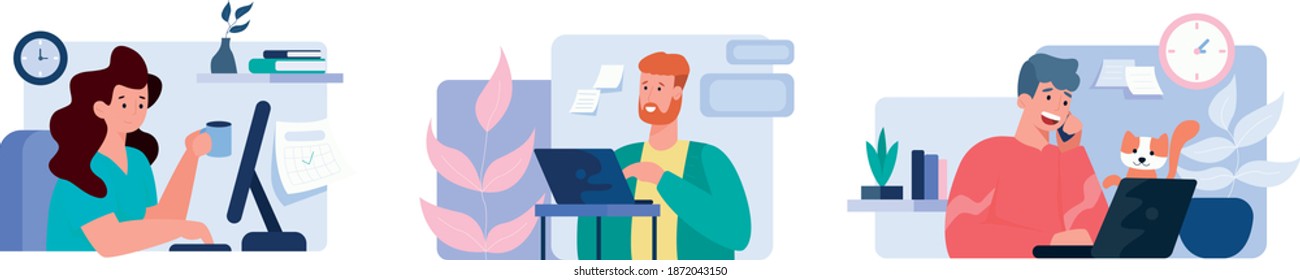 Colección de trabajo y e-learning. Mujeres y hombres con laptop trabajando en la oficina. Concepto de tiempo de trabajo. Diseño de ilustración de vector