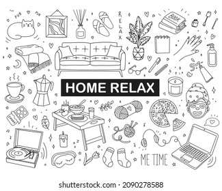 Collection Working from home. Stay-at-Home. Work in quarantine. Set home elements. Home relaxation, beauty procedures, routine. Vector illustration in doodle style. Freelance. day off