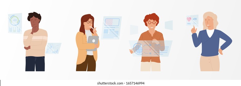 Collection of working on digital futuristic analytics hologram. Working styles in the future. vector design illustration.	
