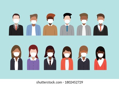 Collection of working people business men and business women wearing medical mask.Flat design people characters.Vector illustration