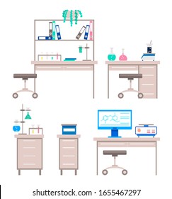 Collection of working places for scientists and researchers. Set of isolated tables with test tubes, flasks and files with documents and stats. Computer with information on experiments vector
