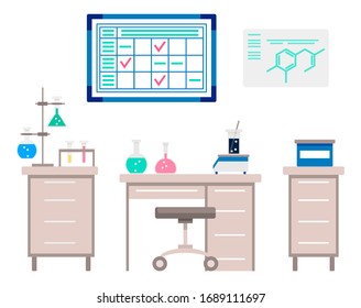 Collection of working spaces for scientists and researches. Isolated set of furniture for laboratory. Scientific lab devices and furniture, interior design. Organizer with checkmarks test tubes vector