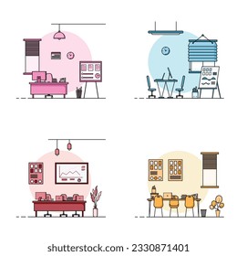 Collection of working table flat design, Concept of working desk interior with furniture. Work room and computer, desktop, table, chair, book, and stationary equipment. Work table cartoon illustration