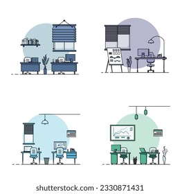 Collection of working table flat design, Concept of working desk interior with furniture. Work room and computer, desktop, table, chair, book, and stationary equipment. Work table cartoon illustration