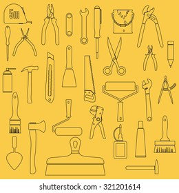Collection of working tools and construction elements. hand tools for home renovation. Outline. Background. Vector illustration