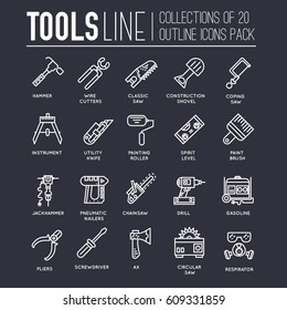 Collection of working tools icons items design. ?onstruction instruments with any elements set. Diy, building, work outline illustrations vector background. Process image on thin line style concept