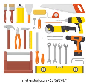 Collection of working tools. Repair and construction tools icon set. Hammer, pliers, chisel, file, screwdriver, brush, spatula, wrench, saw, drill ruler grinder tool box Vector flat illustration