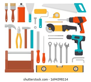 Collection of working tools. Repair and construction tools icon set. Hammer, pliers, chisel, file, screwdriver, brush, spatula, wrench, saw, drill, ruler, grinder, tool box. Vector flat illustration.