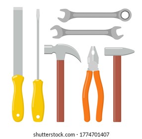 Collection of working tools. Repair and construction tools icon set. Hammer, pliers, file, screwdriver, wrench. Vector flat illustration