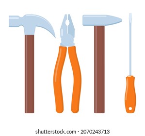 Collection of working tools. Repair and construction tools icon set. Hammer, pliers, file, screwdriver, wrench. Vector flat illustration