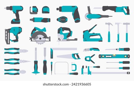 Colección de herramientas de trabajo. Conjunto de iconos de herramientas de reparación y construcción. Martillo, alicates, cincel, archivo, destornillador, pincel, espátula, llave, sierra, taladro, regla, molino, caja de herramientas. Ilustración plana vectorial.