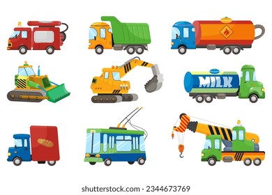 Collection of working vehicles. Fire engine, dump, oil, bread truck, milk tanker, trolleybus, excavator, bulldozer. Isolated on white background. Vector illustration.