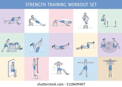 A collection of Workout Exercise Routine performed by a man and a woman in the gym, with equipment such as wall bars and vaulting horse. Simple characters like pictograms.
