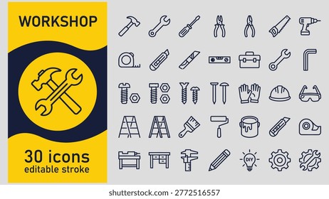 Collection of workshop tools and equipment icons in editable stroke style for DIY projects and construction work various symbols