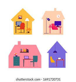 Collection Workspace in House. Workplace Set in Home with Technology and Decoration Objects Flat Style 