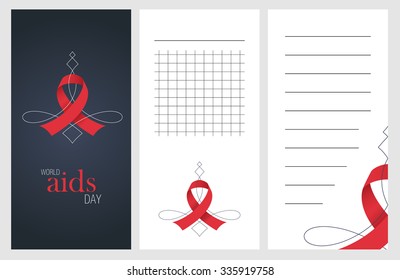 Collection of world aids day cards, notes, stickers, labels, tags with cute ornament illustrations. Template for scrapbooking, wrapping, notebooks, notebook, diary, decals, school accessories
