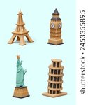 Collection of world architectural monuments in cartoon style. Colored 3D icons