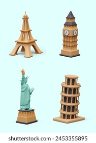 Colección de monumentos arquitectónicos del mundo en estilo de dibujos animados. Iconos 3D coloreados