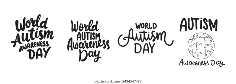 Collection World Autism Day text banner handwriting in black color. Hand drawn vector art