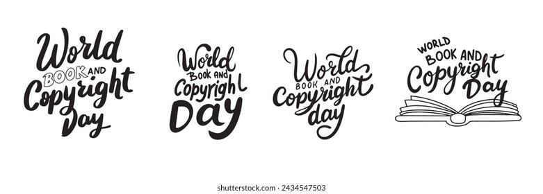 Collection World Book and Copyright Day text banner handwriting in black color. Hand drawn vector art