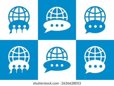 collection of world chat communication logo designs, global conversation design templates with combination of chat icons with globe and human in it	