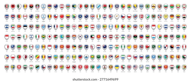 Collection of world country flags in location pin icon format isolated background