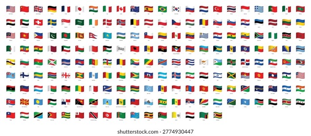 Collection of world country flags in wave icon format isolated background