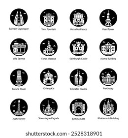 Collection of World Famous Places Glyph Style Icons 