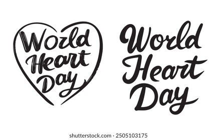 Colección de letras de texto del Día Mundial del Corazón. Arte vectorial dibujado a mano.