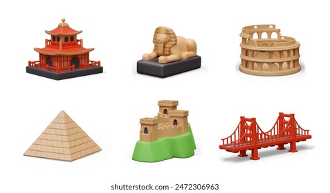 Collection of world landmarks in cartoon 3D style. Vector symbols