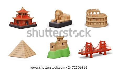 Collection of world landmarks in cartoon 3D style. Vector symbols